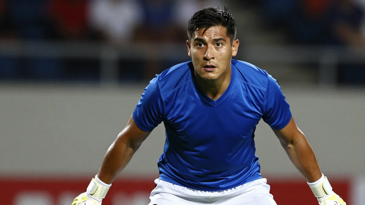 A photorealistic image of an anonymous Querétaro player, aged 25-30, wearing a blue jersey and white shorts, with a white...